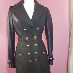 Burberry London army green virgin wool coat with black leather details.